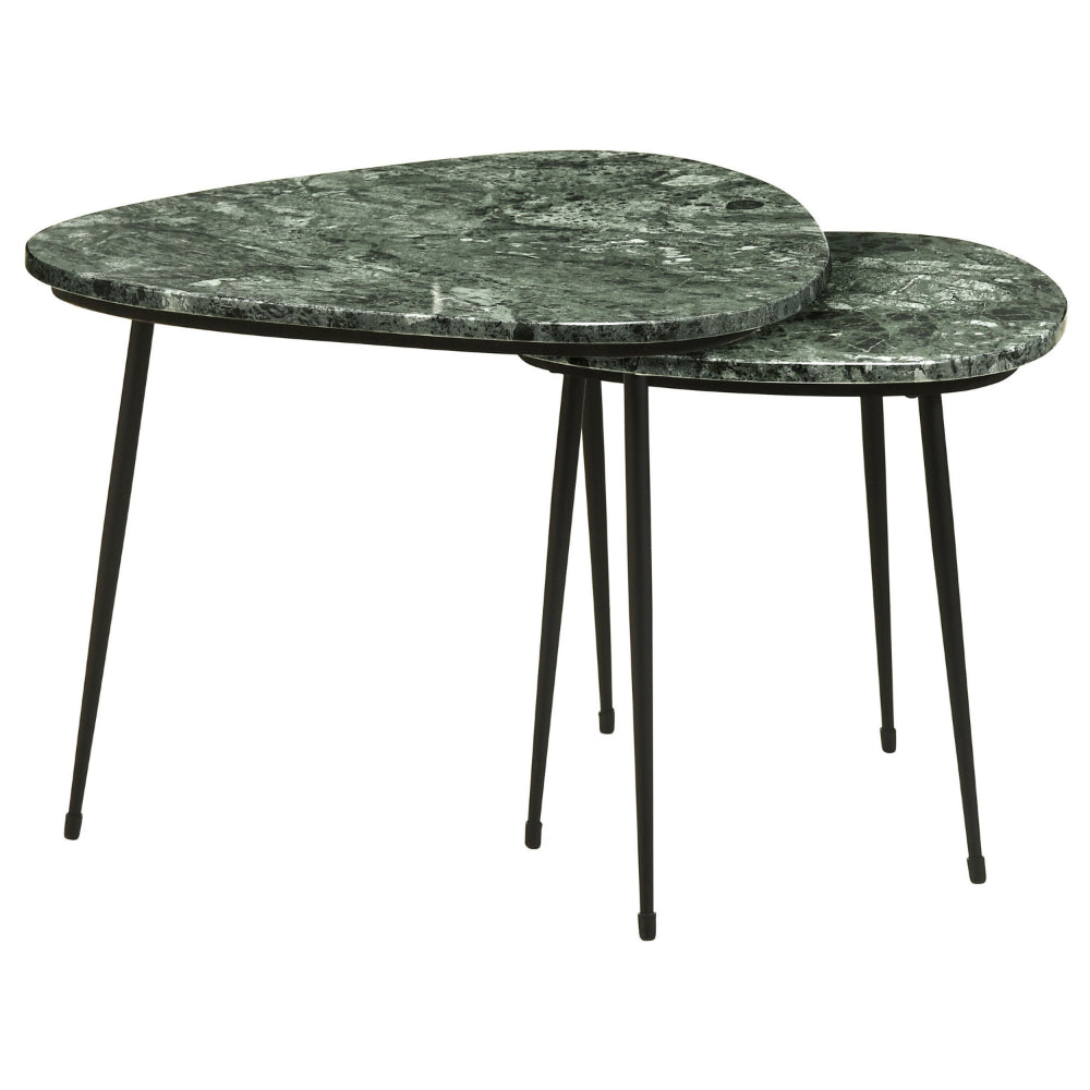 Benjara 2 Piece Nesting Accent Table Set, Triangular Marble Top, Green, Black