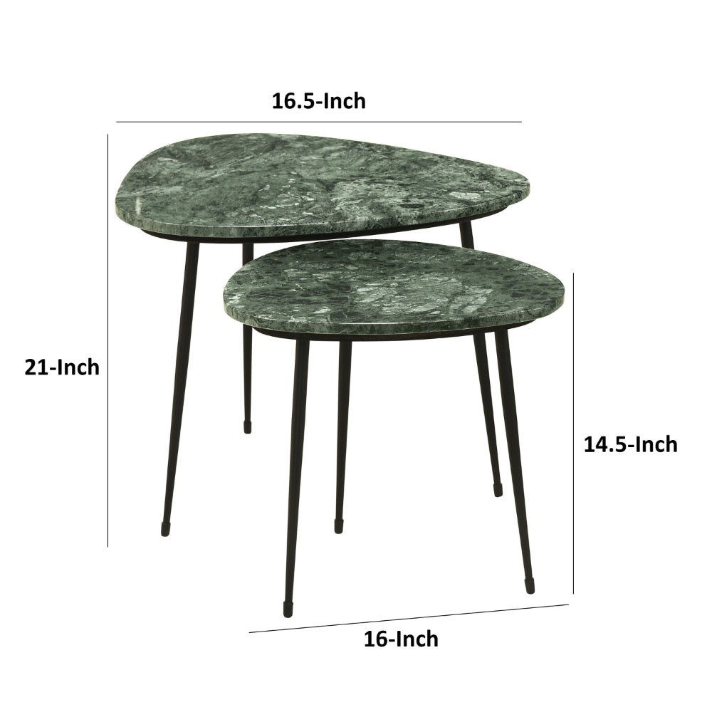 Benjara 2 Piece Nesting Accent Table Set, Triangular Marble Top, Green, Black