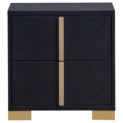 Benjara Dex 22 Inch Nightstand, 2 Drawers with Long Vertical Gold Handles, Black