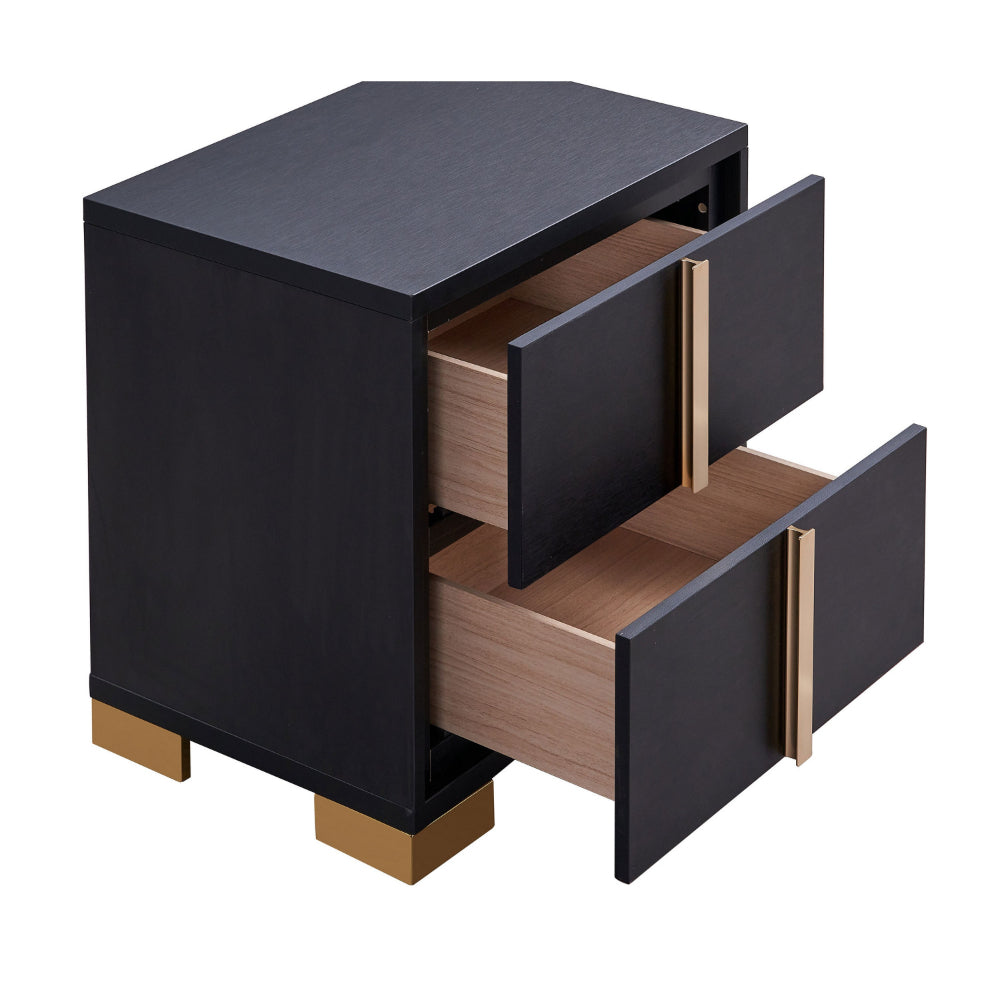 Benjara Dex 22 Inch Nightstand, 2 Drawers with Long Vertical Gold Handles, Black