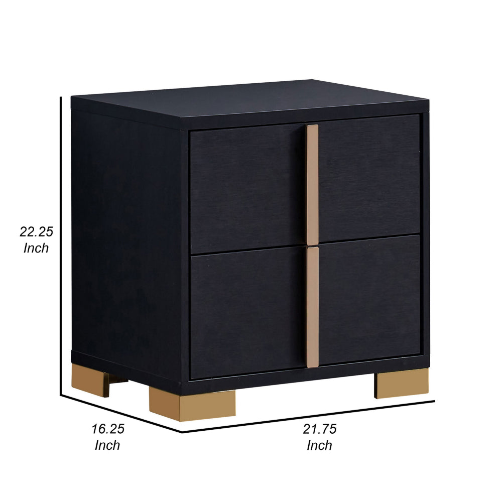 Benjara Dex 22 Inch Nightstand, 2 Drawers with Long Vertical Gold Handles, Black