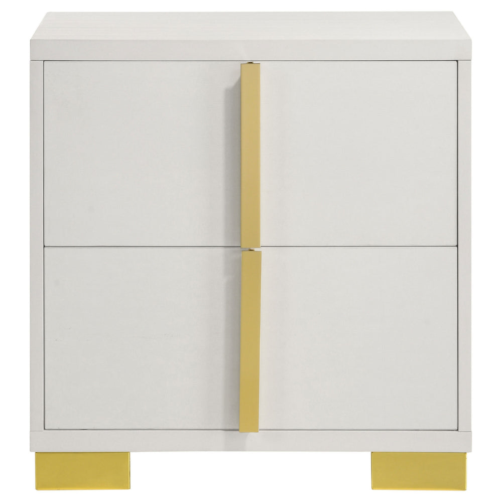 Benjara Dex 22 Inch Nightstand, 2 Drawers with Long Vertical Gold Handles, White