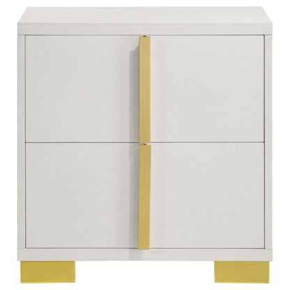 Benjara Dex 22 Inch Nightstand, 2 Drawers with Long Vertical Gold Handles, White
