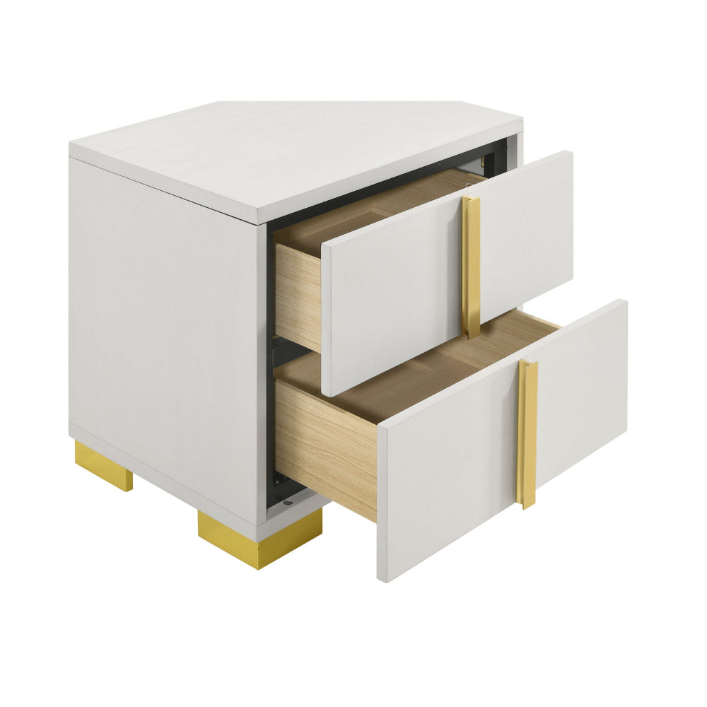 Benjara Dex 22 Inch Nightstand, 2 Drawers with Long Vertical Gold Handles, White