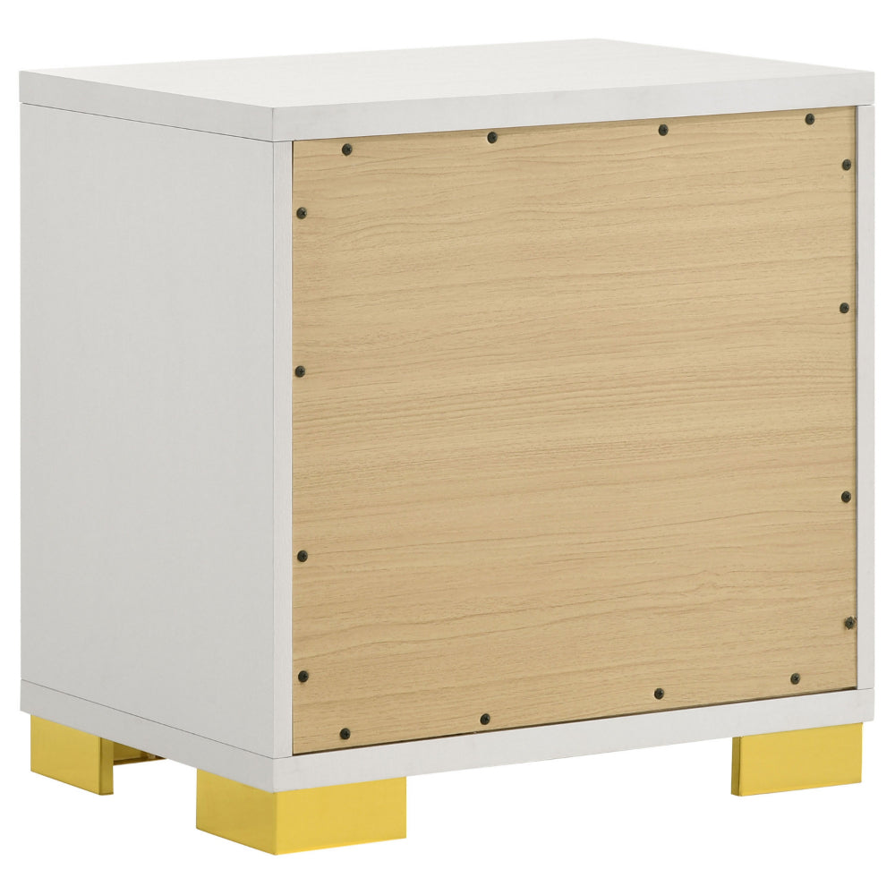 Benjara Dex 22 Inch Nightstand, 2 Drawers with Long Vertical Gold Handles, White