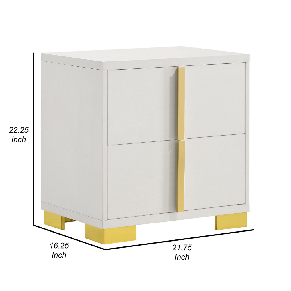 Benjara Dex 22 Inch Nightstand, 2 Drawers with Long Vertical Gold Handles, White