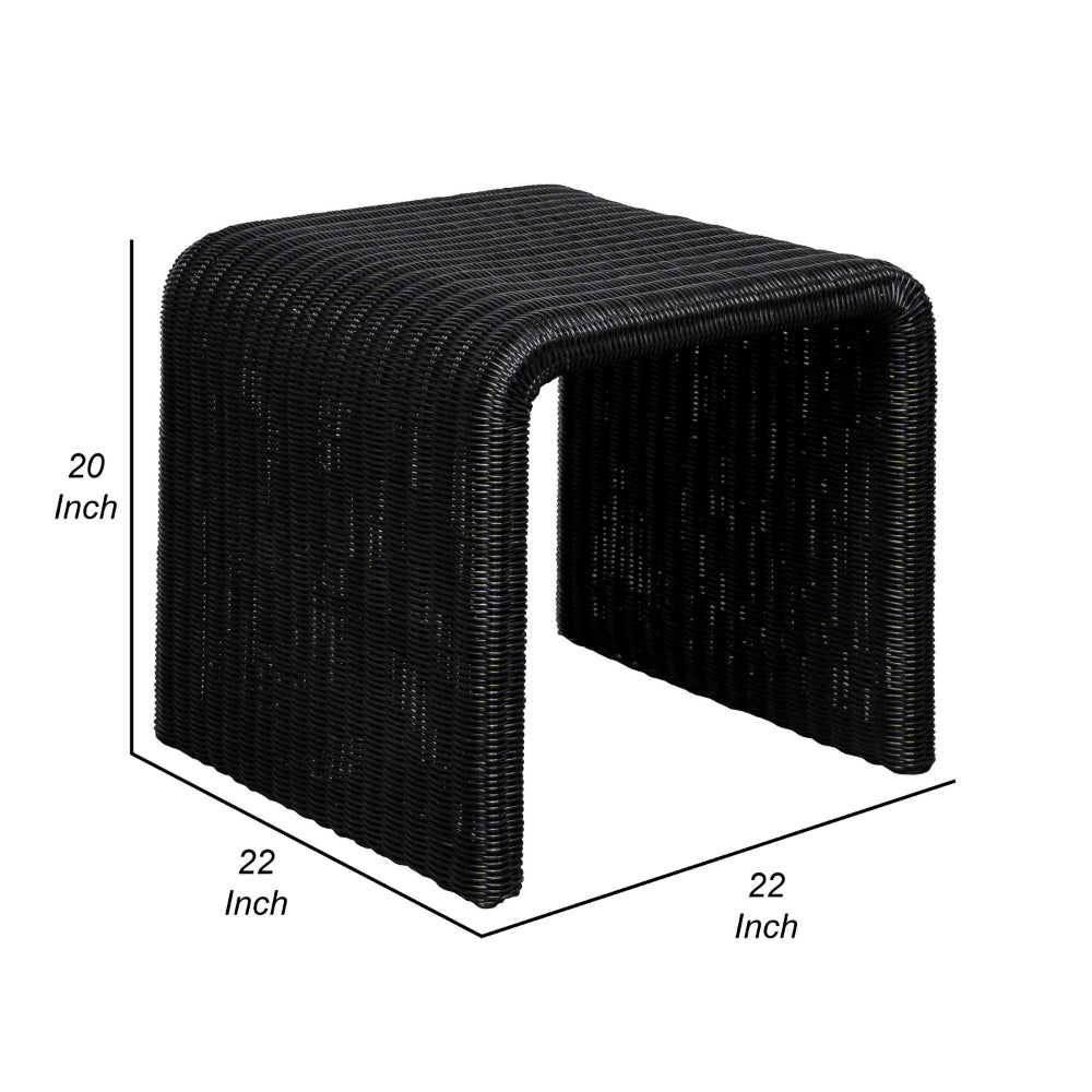 Benjara Gigi 22 Inch Side End Table, Black Woven Rattan, Square Waterfall Edges