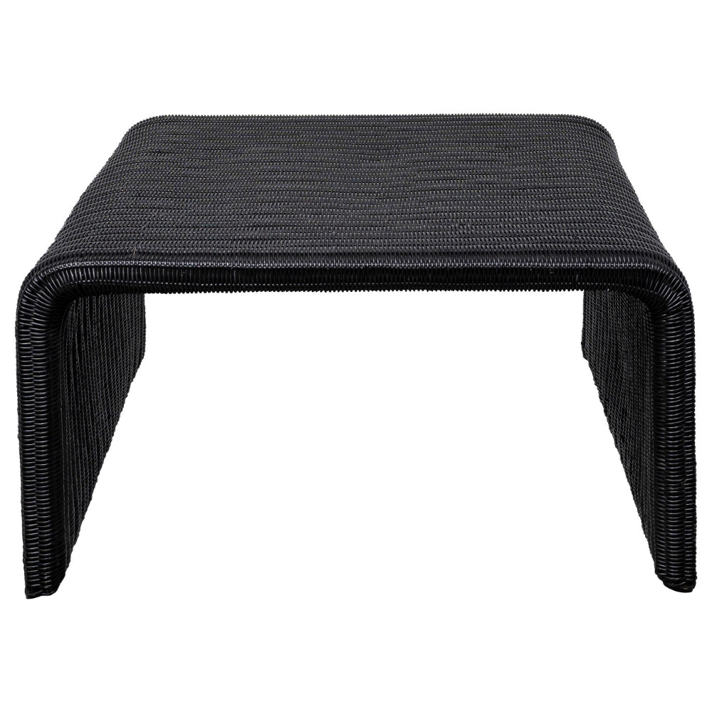 Benjara Gigi 36 Inch Coffee Table, Black Woven Rattan, Square Waterfall Edges