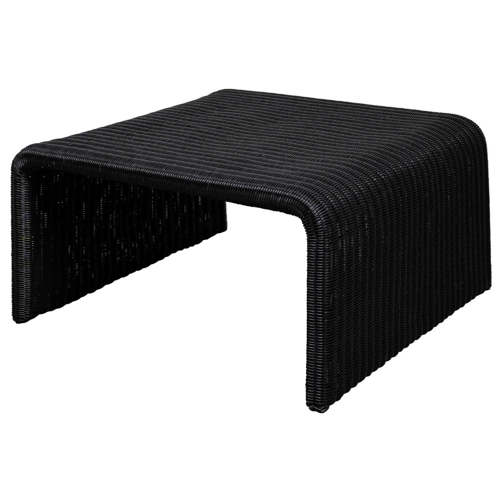 Benjara Gigi 36 Inch Coffee Table, Black Woven Rattan, Square Waterfall Edges