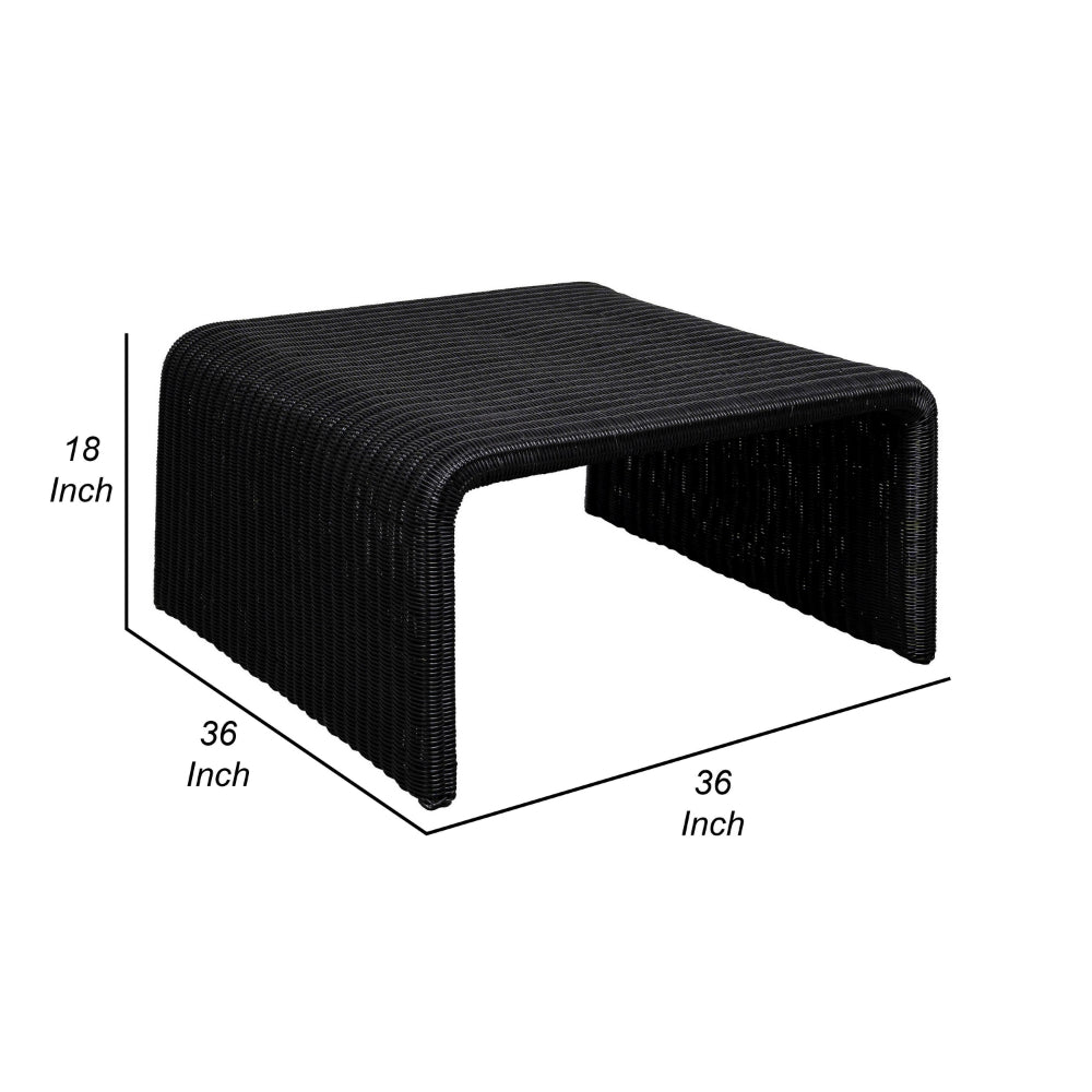 Benjara Gigi 36 Inch Coffee Table, Black Woven Rattan, Square Waterfall Edges
