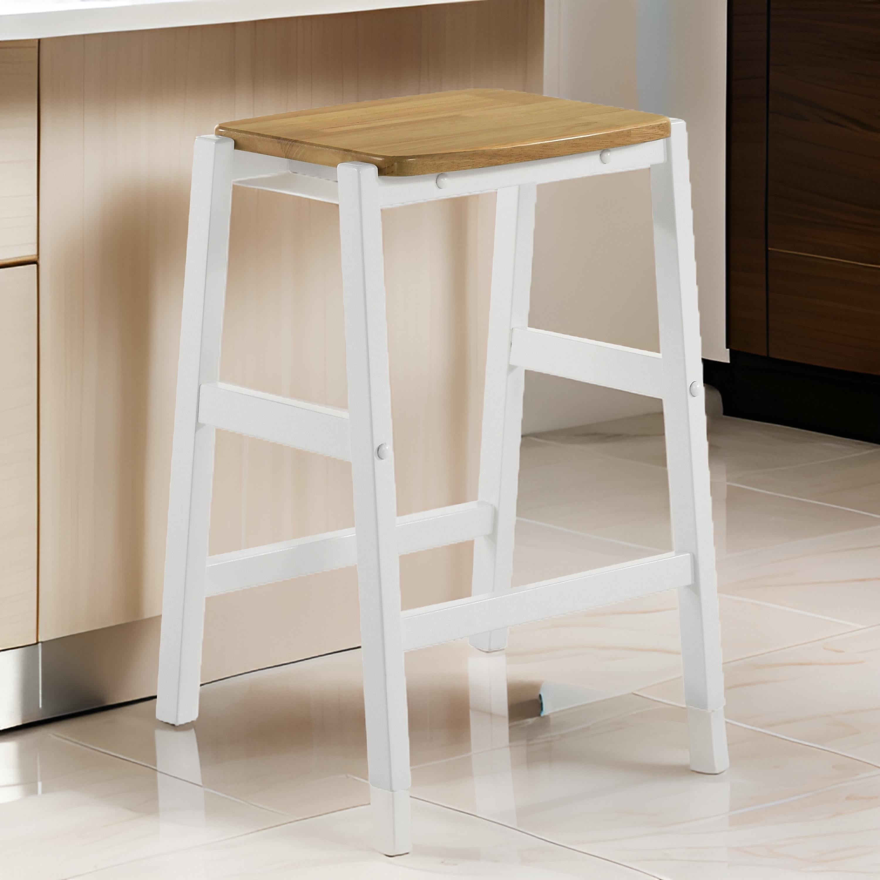 Benjara Hoa 24 Inch Counter Height Stool Set of 2, Footrest, White Brown Solid Wood