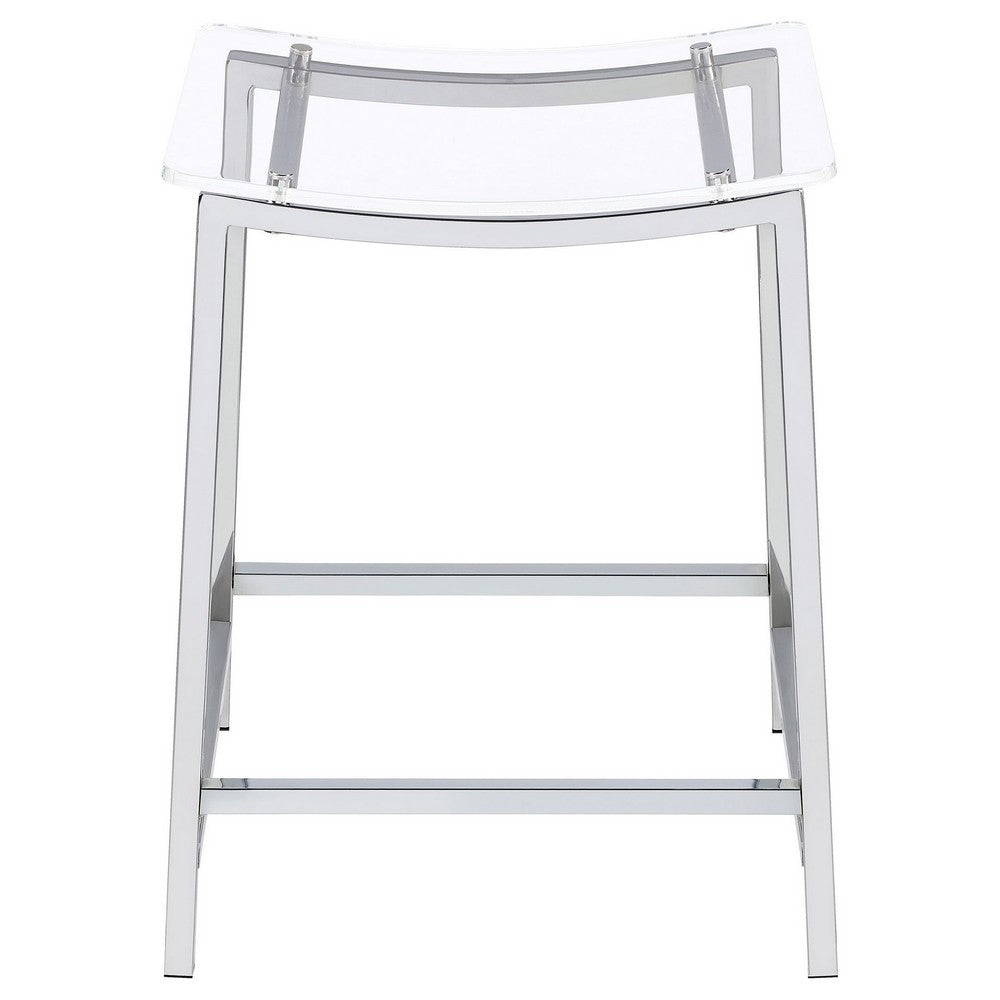 Benjara Ani 24 Inch Counter Height Stool Set of 2, Acrylic Clear, Chrome Metal