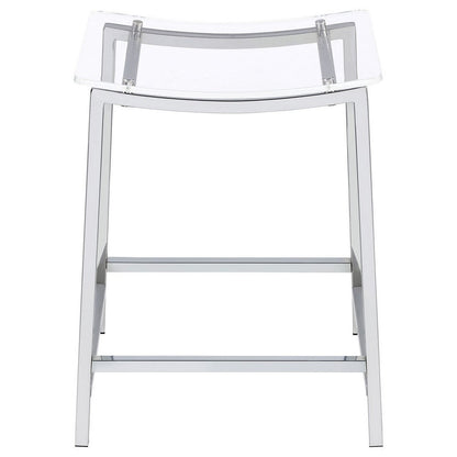 Benjara Ani 24 Inch Counter Height Stool Set of 2, Acrylic Clear, Chrome Metal