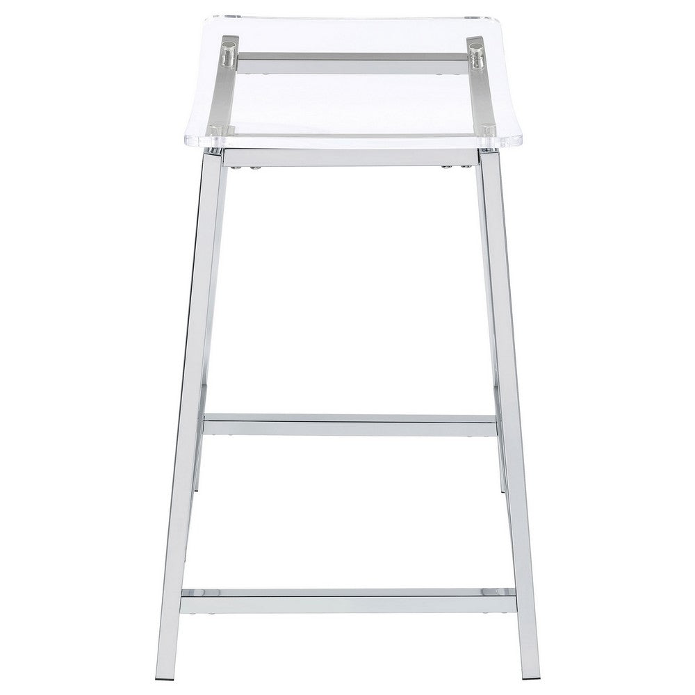 Benjara Ani 24 Inch Counter Height Stool Set of 2, Acrylic Clear, Chrome Metal