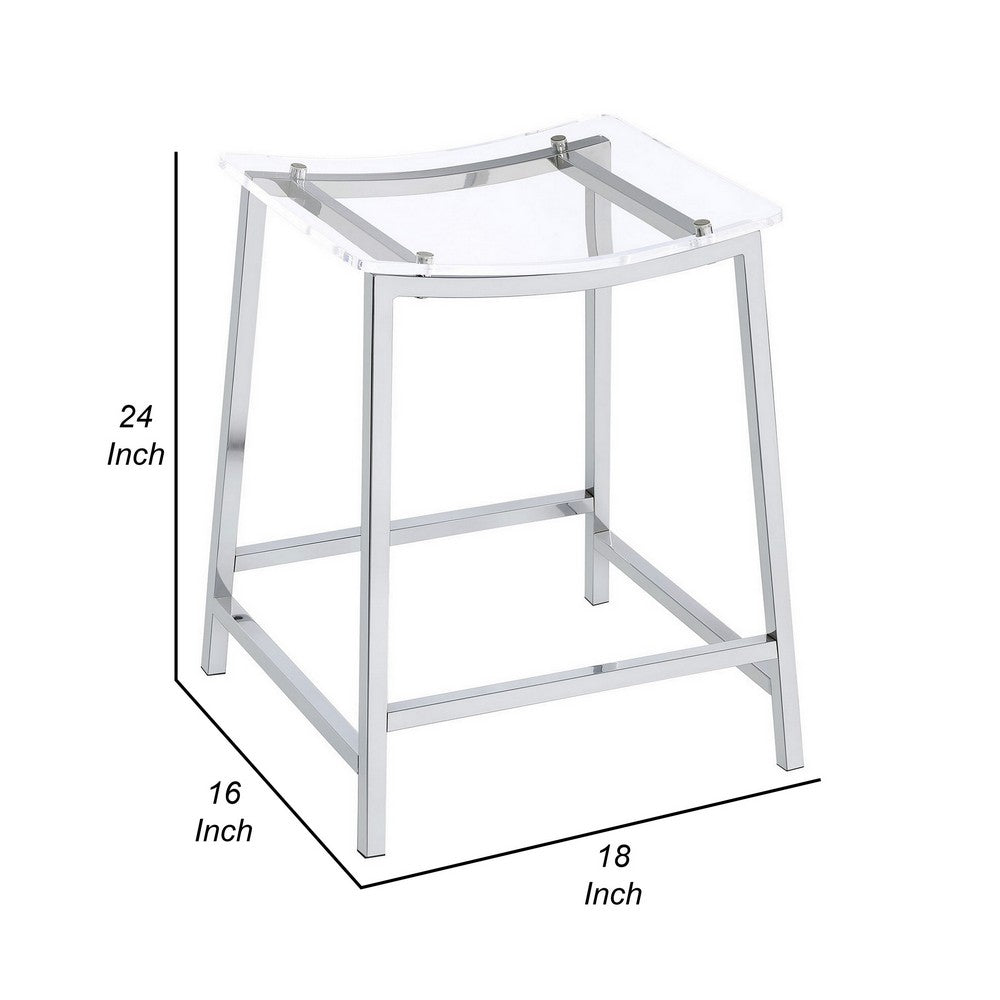 Benjara Ani 24 Inch Counter Height Stool Set of 2, Acrylic Clear, Chrome Metal