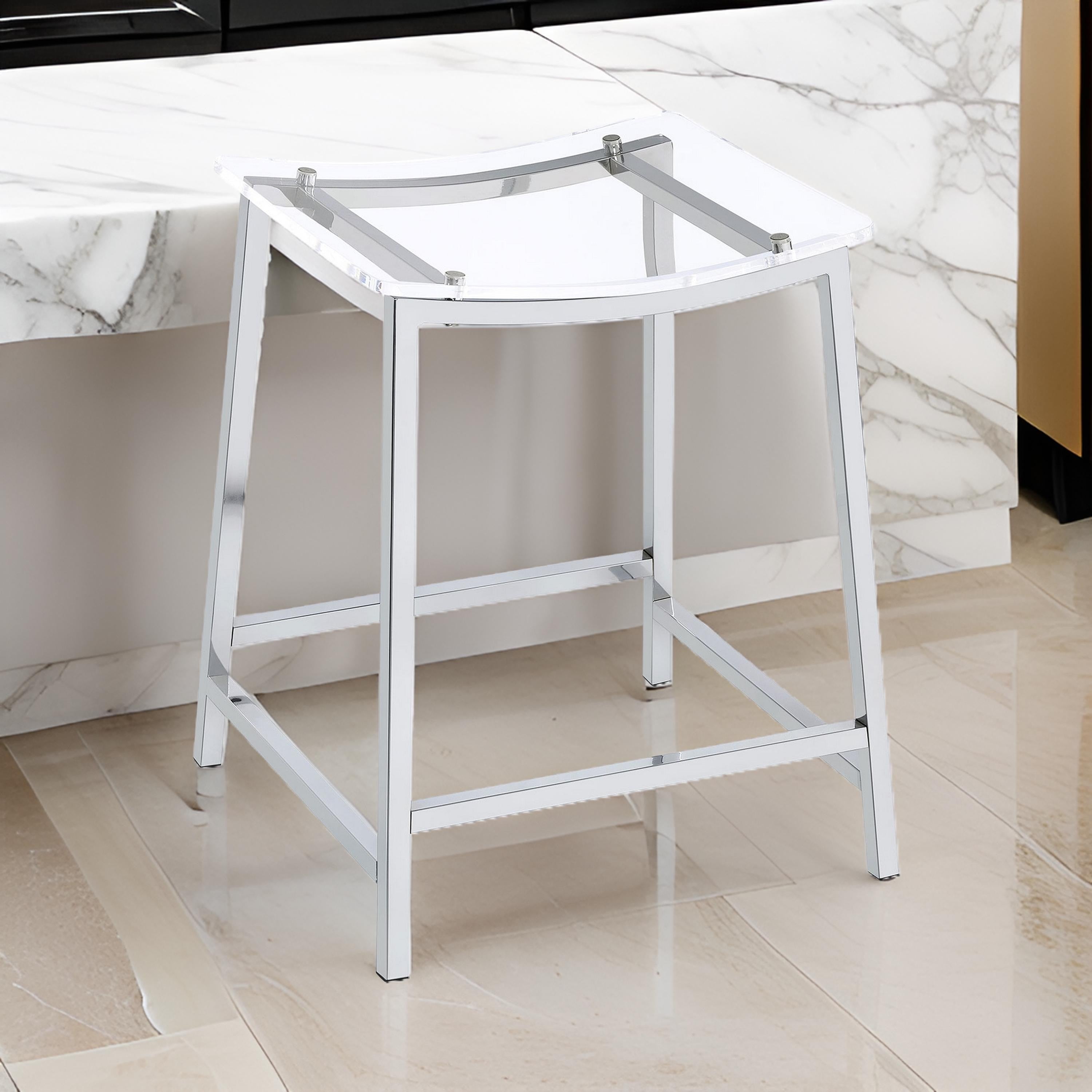 Benjara Ani 24 Inch Counter Height Stool Set of 2, Acrylic Clear, Chrome Metal