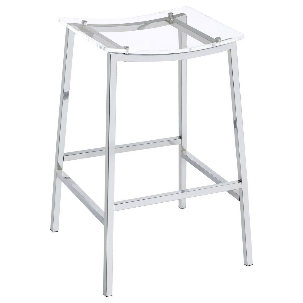 Benjara Ani 29 Inch Barstool Set of 2, Acrylic Clear Seat, Footrest, Chrome Metal