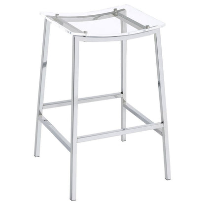 Benjara Ani 29 Inch Barstool Set of 2, Acrylic Clear Seat, Footrest, Chrome Metal
