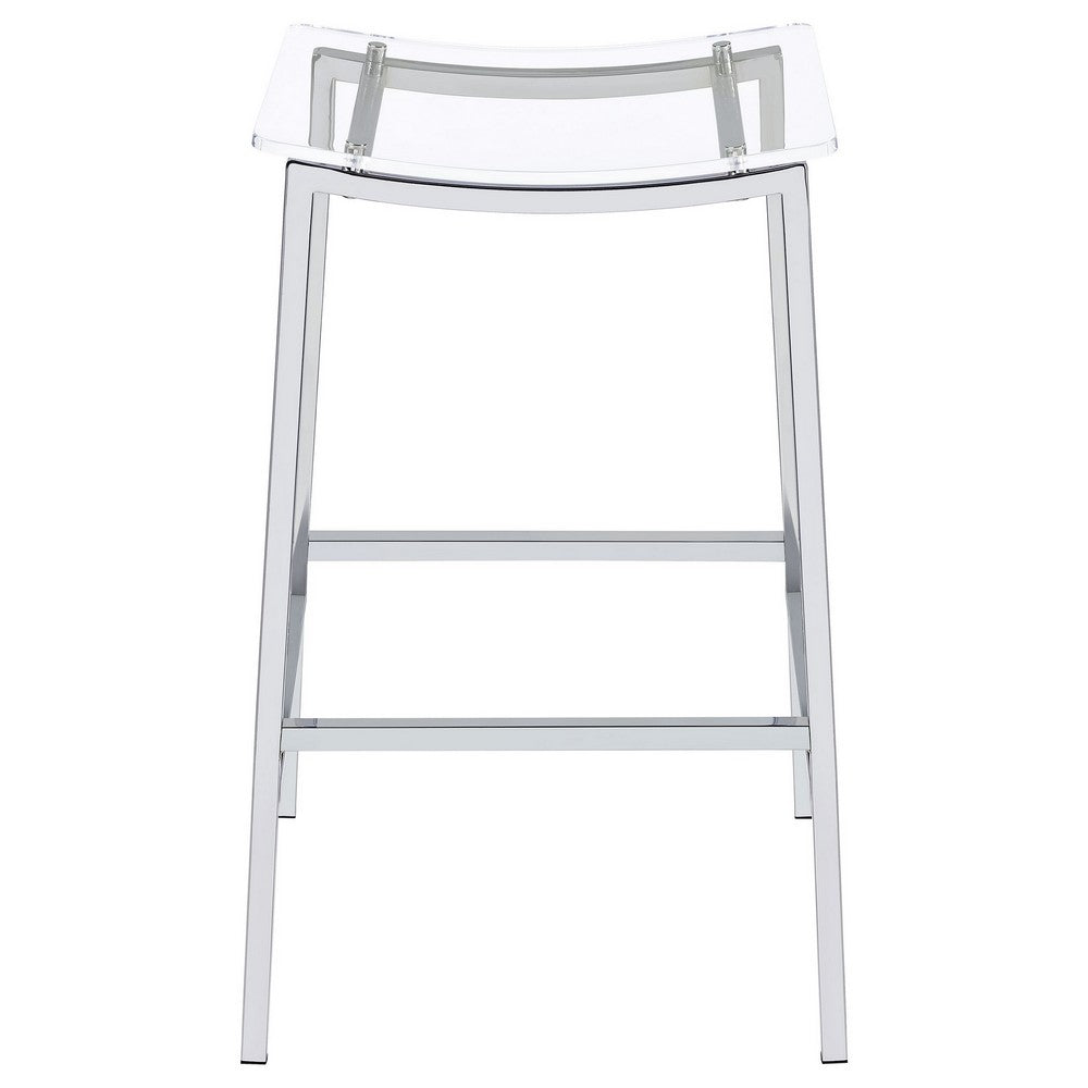 Benjara Ani 29 Inch Barstool Set of 2, Acrylic Clear Seat, Footrest, Chrome Metal