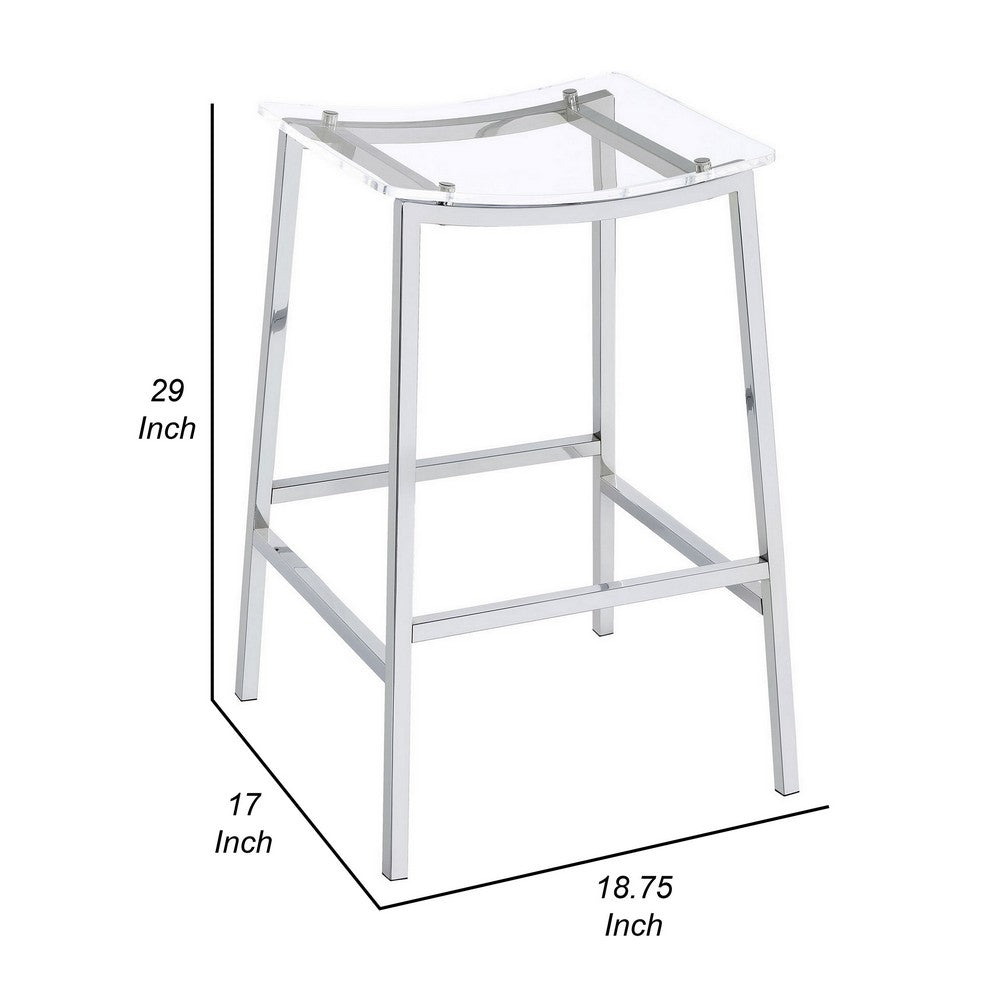 Benjara Ani 29 Inch Barstool Set of 2, Acrylic Clear Seat, Footrest, Chrome Metal