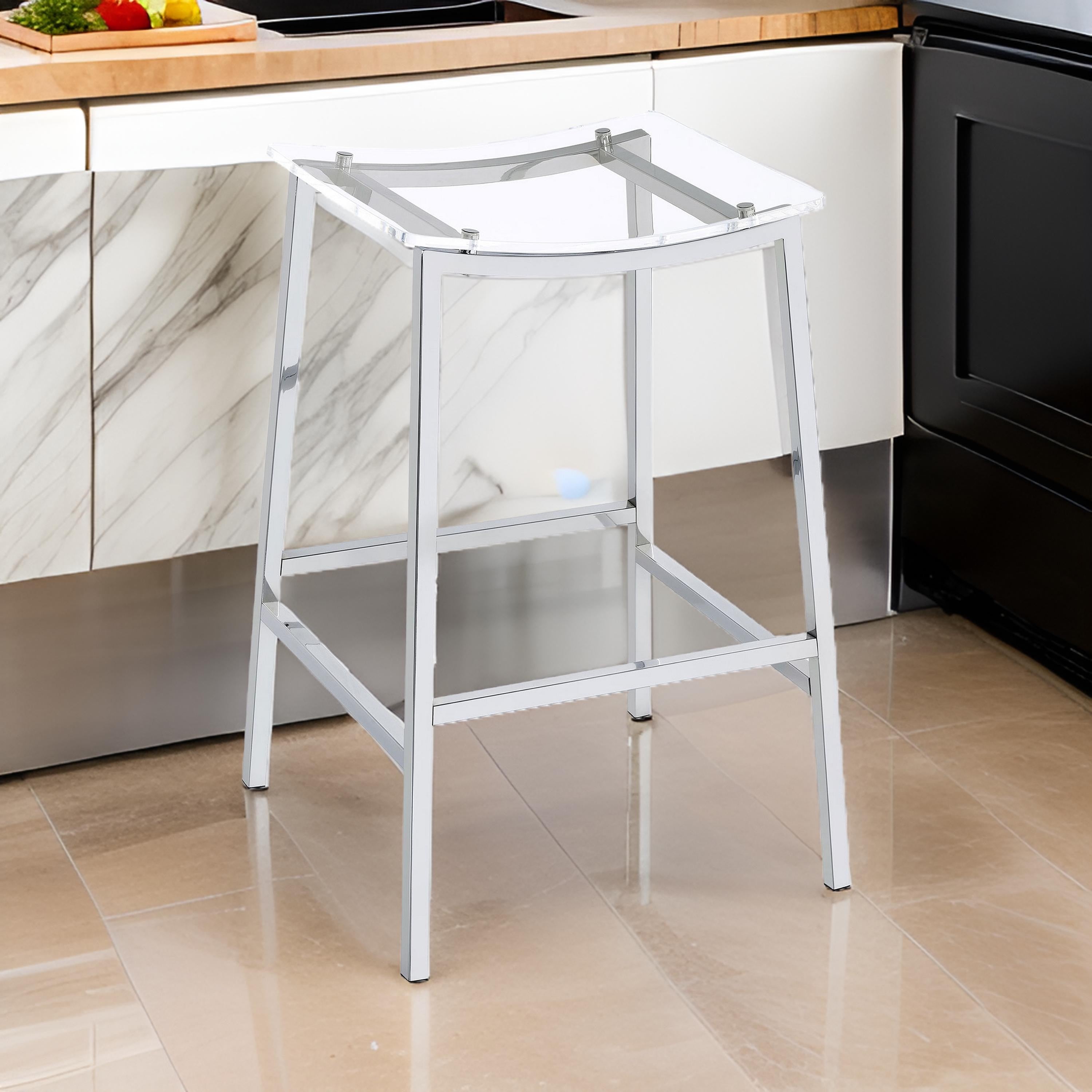 Benjara Ani 29 Inch Barstool Set of 2, Acrylic Clear Seat, Footrest, Chrome Metal