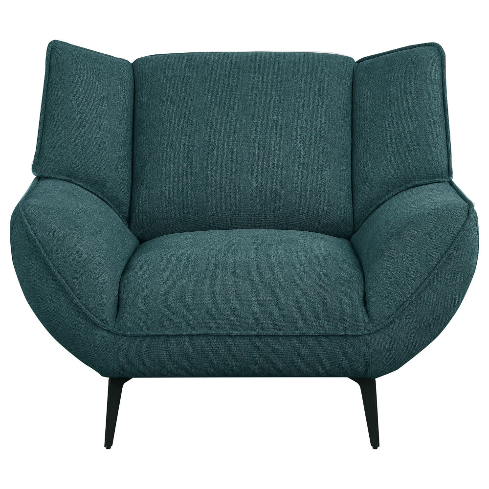 Benjara Toer 43 Inch Accent Sofa Chair, Flared Arms, Teal Blue Fabric, Black Metal