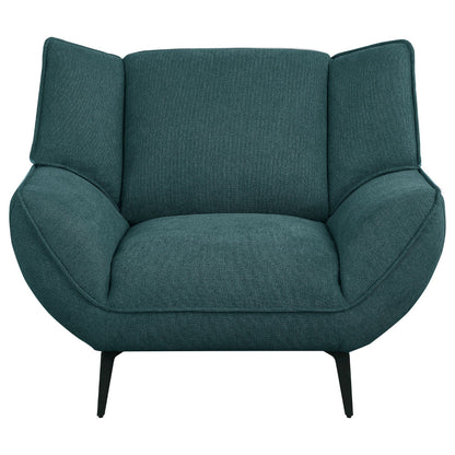 Benjara Toer 43 Inch Accent Sofa Chair, Flared Arms, Teal Blue Fabric, Black Metal