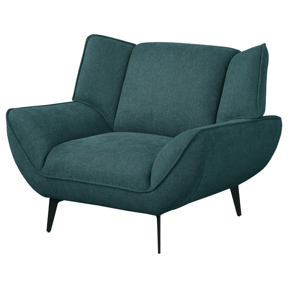 Benjara Toer 43 Inch Accent Sofa Chair, Flared Arms, Teal Blue Fabric, Black Metal