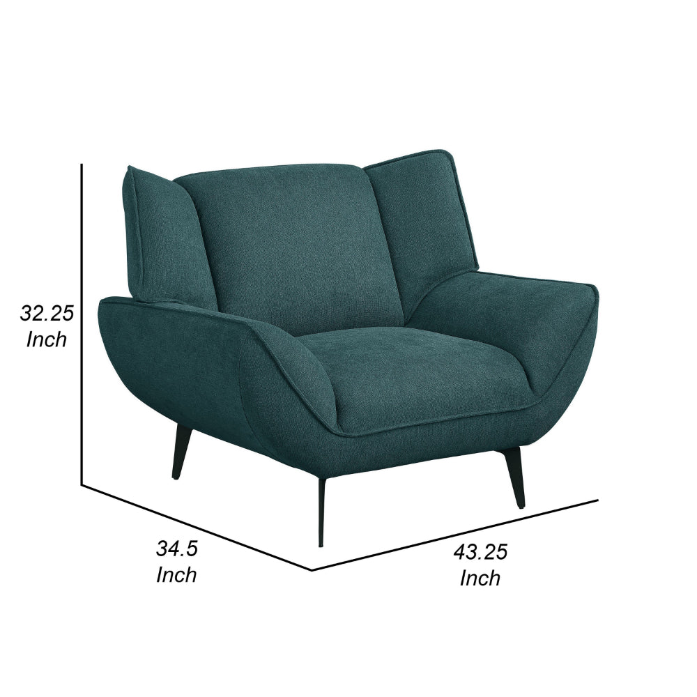Benjara Toer 43 Inch Accent Sofa Chair, Flared Arms, Teal Blue Fabric, Black Metal