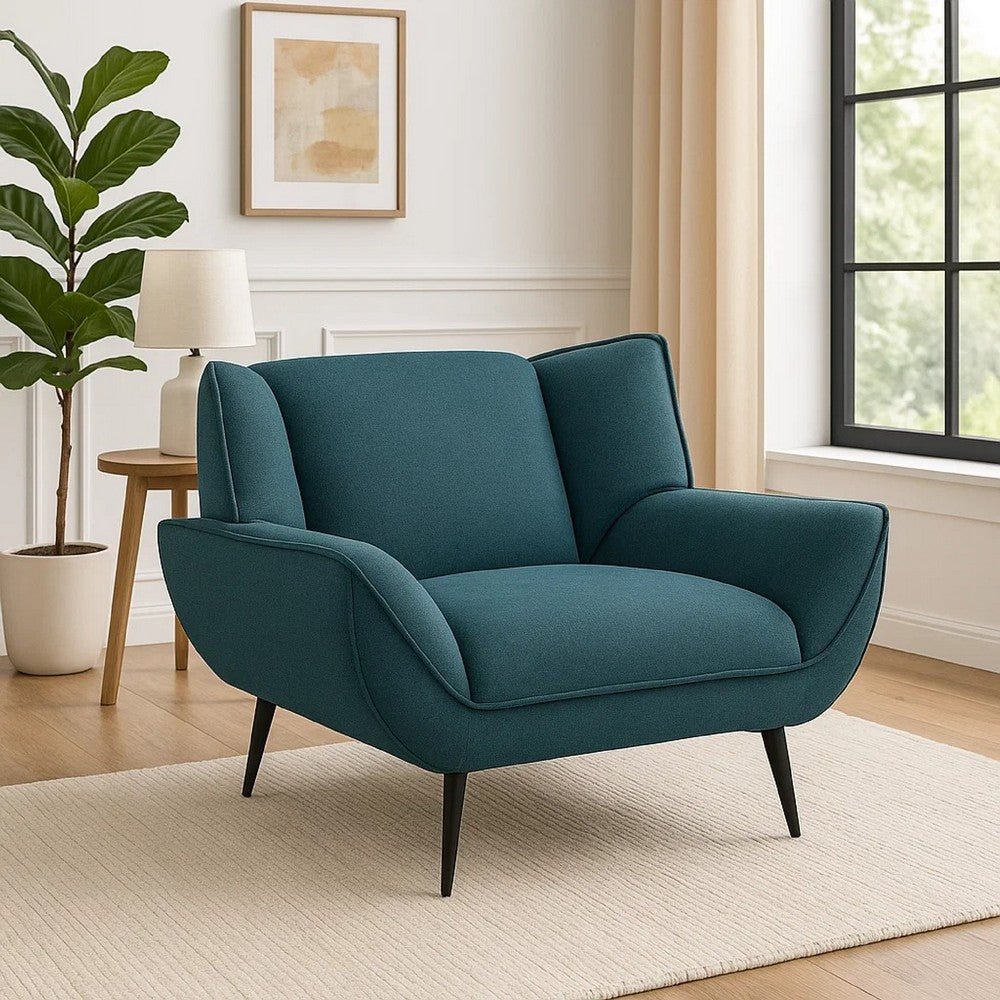 Benjara Toer 43 Inch Accent Sofa Chair, Flared Arms, Teal Blue Fabric, Black Metal
