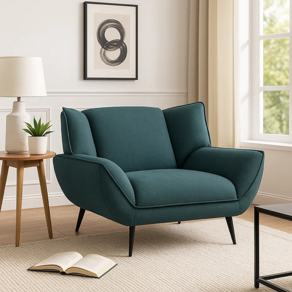 Benjara Toer 43 Inch Accent Sofa Chair, Flared Arms, Teal Blue Fabric, Black Metal