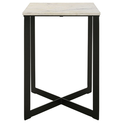 Benjara Sovi 24 Inch Side End Table, Square Marble Top, Black Metal Frame, White