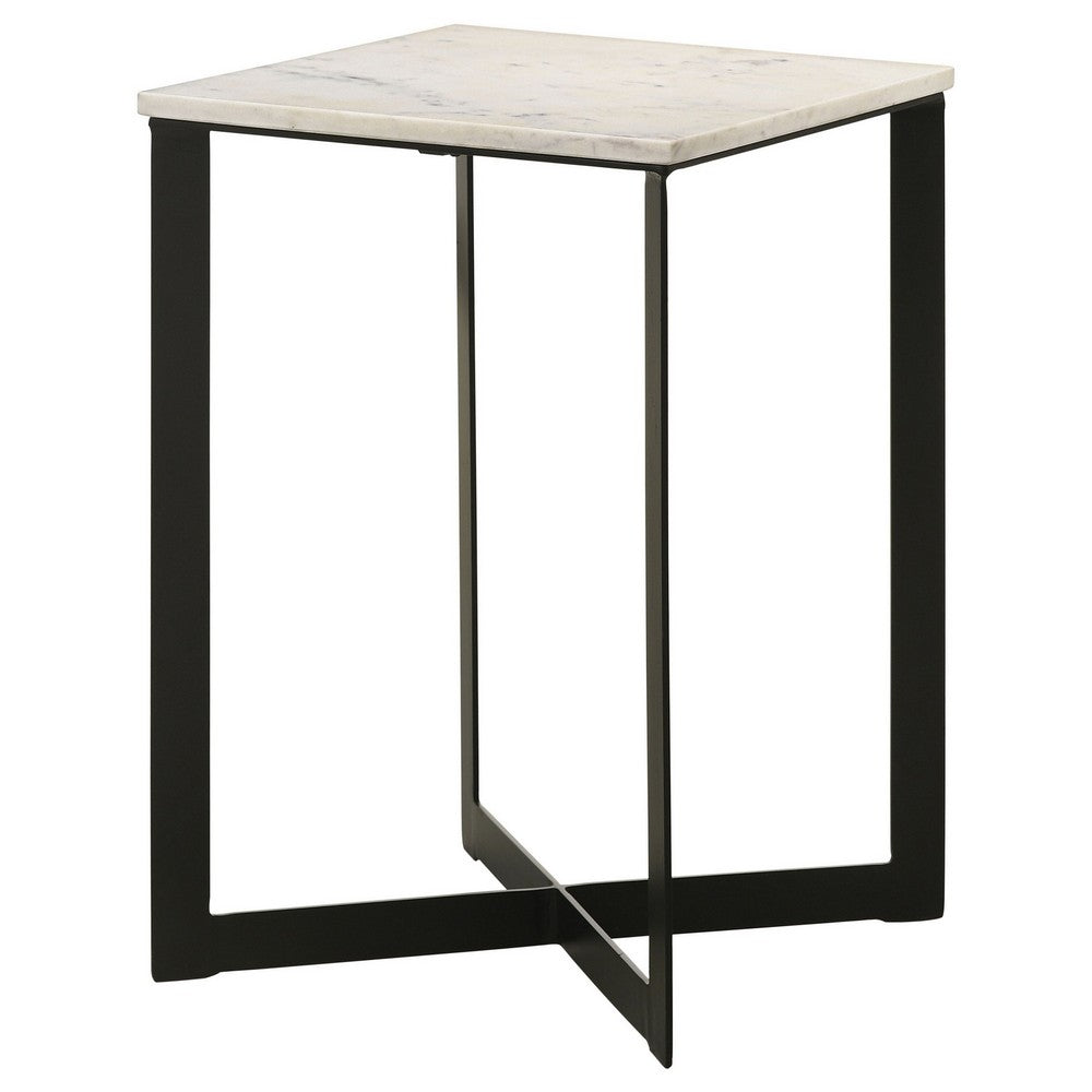 Benjara Sovi 24 Inch Side End Table, Square Marble Top, Black Metal Frame, White