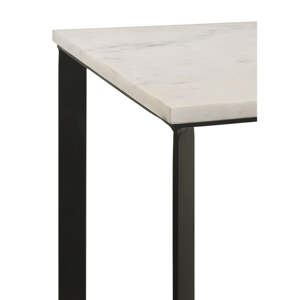 Benjara Sovi 24 Inch Side End Table, Square Marble Top, Black Metal Frame, White