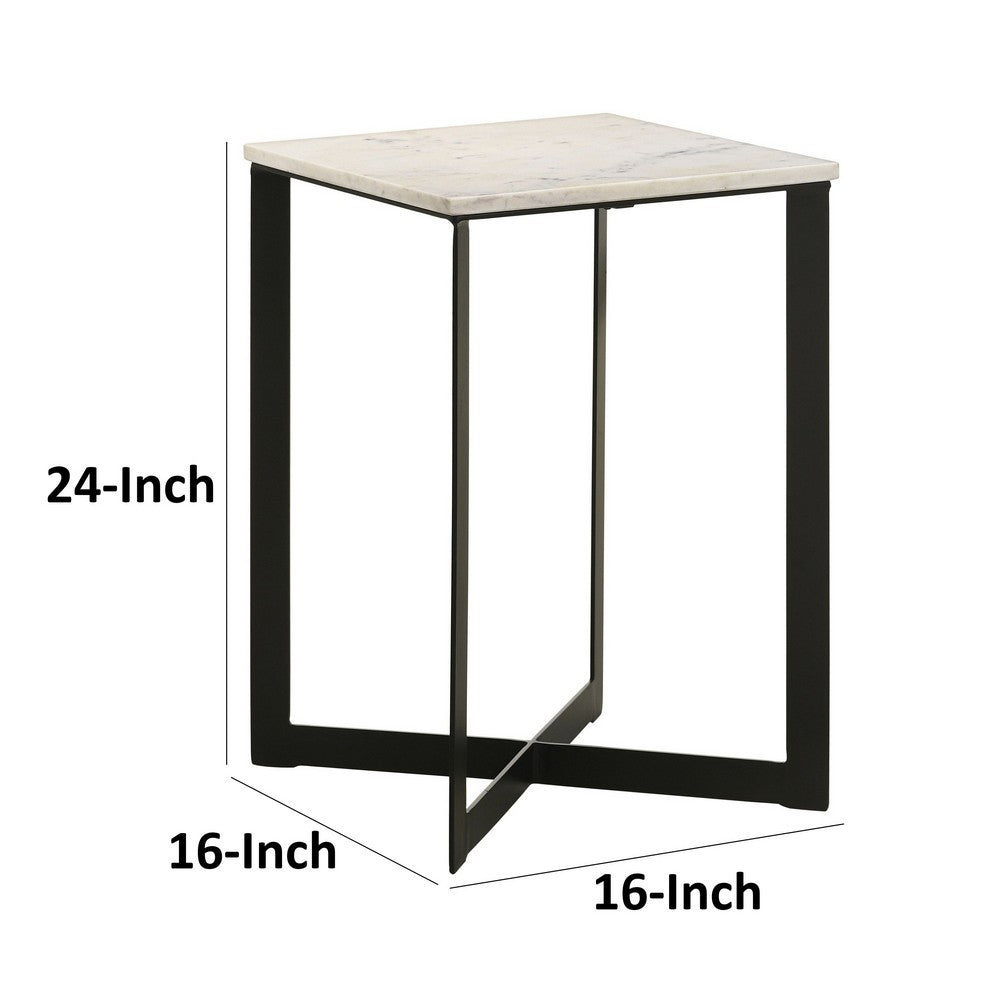 Benjara Sovi 24 Inch Side End Table, Square Marble Top, Black Metal Frame, White