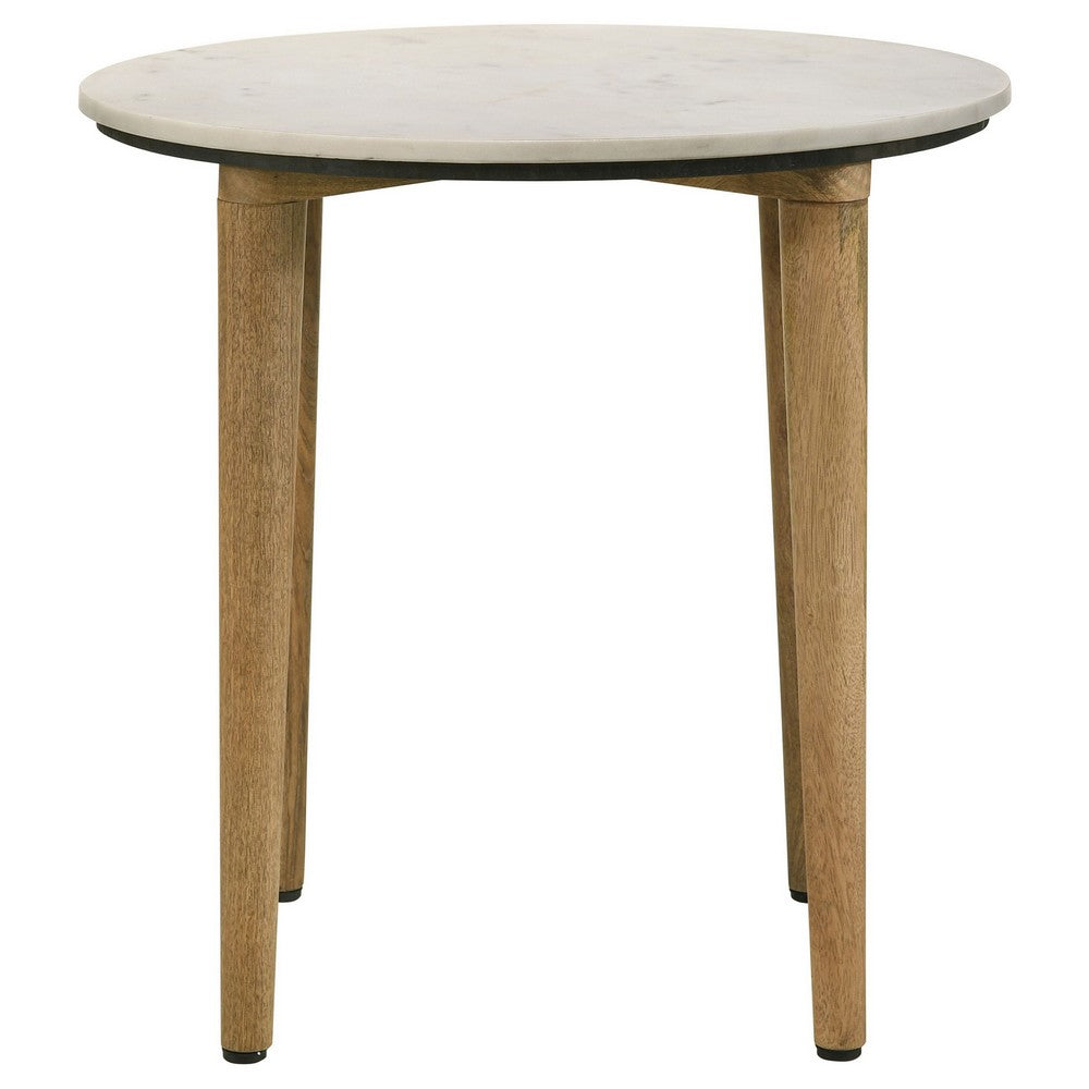 Benjara Wolu 22 Inch Side End Table, White Marble Round Top, Natural Brown Wood