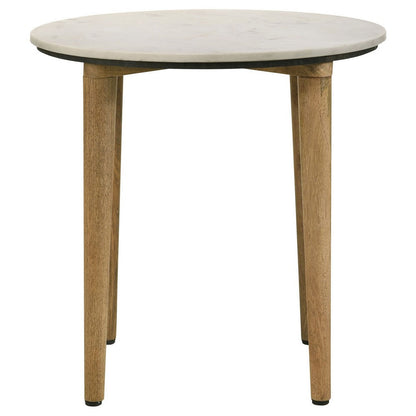 Benjara Wolu 22 Inch Side End Table, White Marble Round Top, Natural Brown Wood