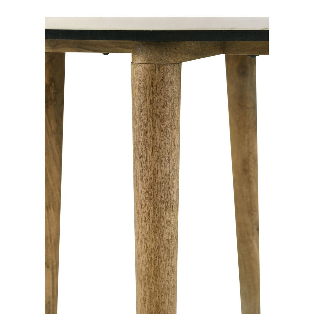 Benjara Wolu 22 Inch Side End Table, White Marble Round Top, Natural Brown Wood