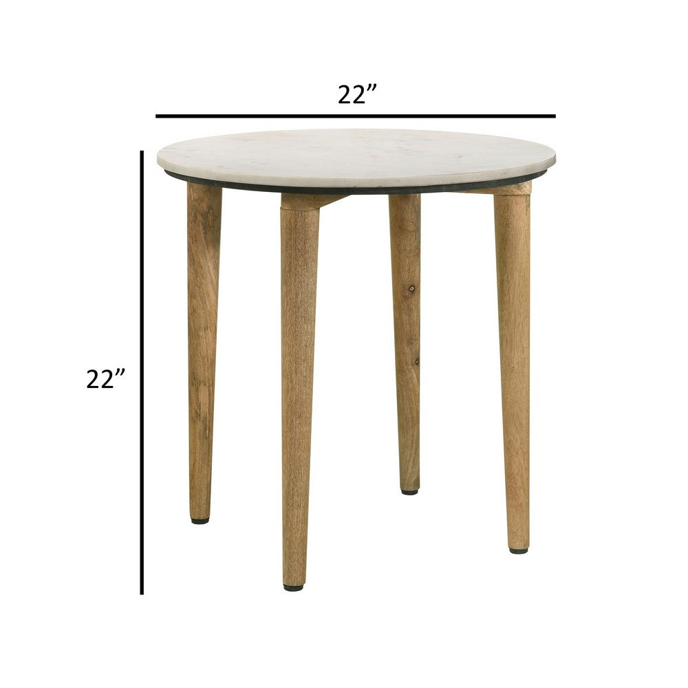 Benjara Wolu 22 Inch Side End Table, White Marble Round Top, Natural Brown Wood