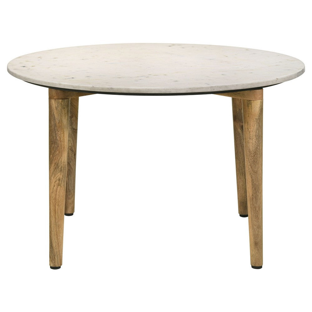 Benjara Wolu 30 Inch Coffee Table, White Marble Round Top, Natural Brown Mango Wood