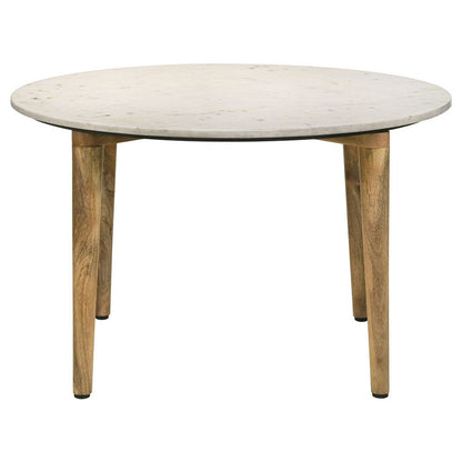 Benjara Wolu 30 Inch Coffee Table, White Marble Round Top, Natural Brown Mango Wood