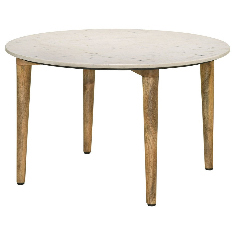 Benjara Wolu 30 Inch Coffee Table, White Marble Round Top, Natural Brown Mango Wood