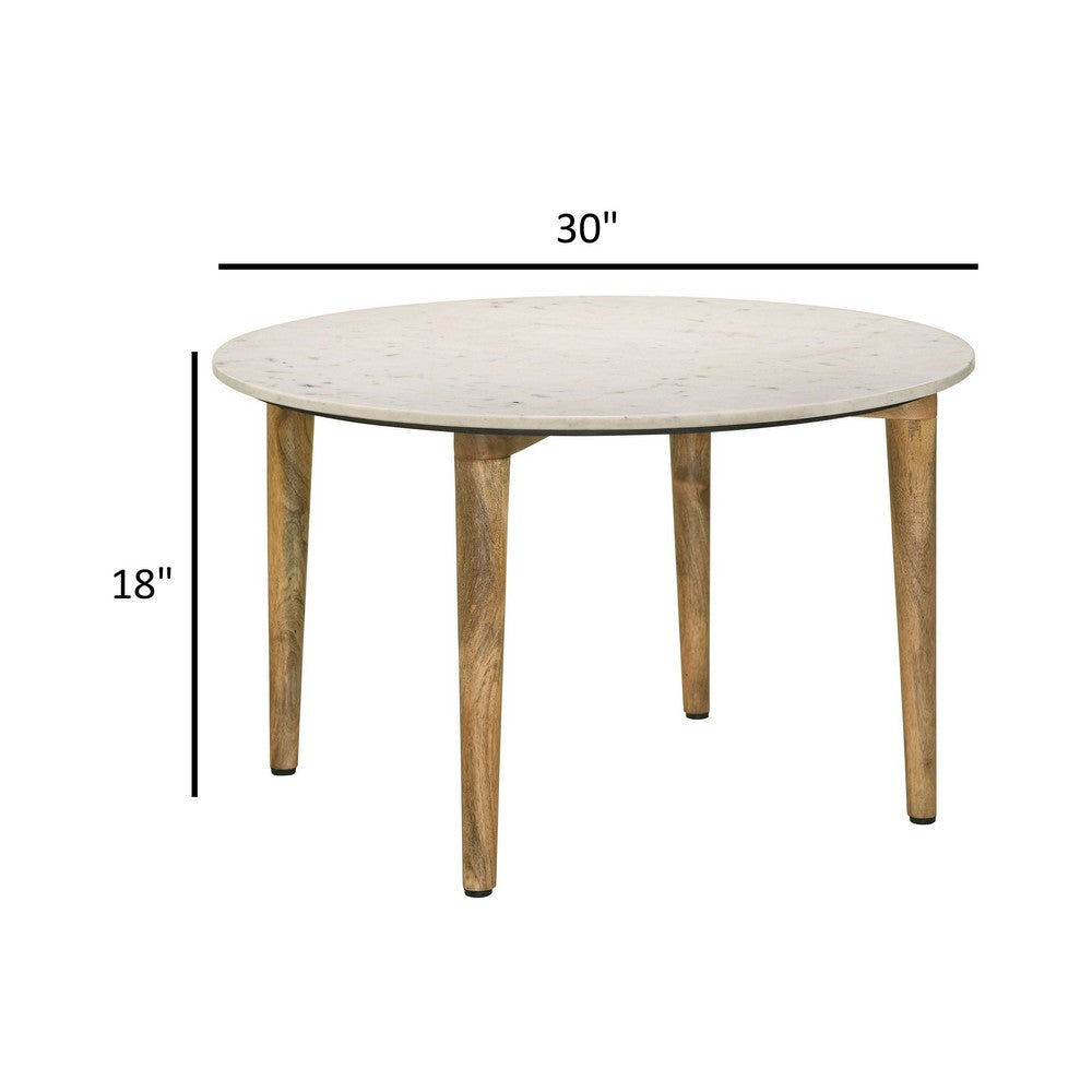 Benjara Wolu 30 Inch Coffee Table, White Marble Round Top, Natural Brown Mango Wood