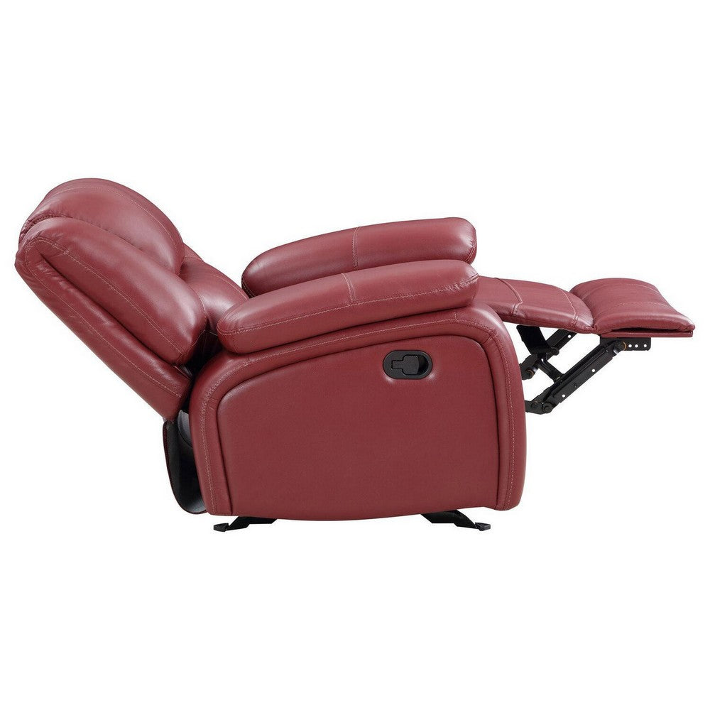 Benjara Mila 38 Inch Manual Recliner Accent Sofa Chair, Red Faux Leather, Wood