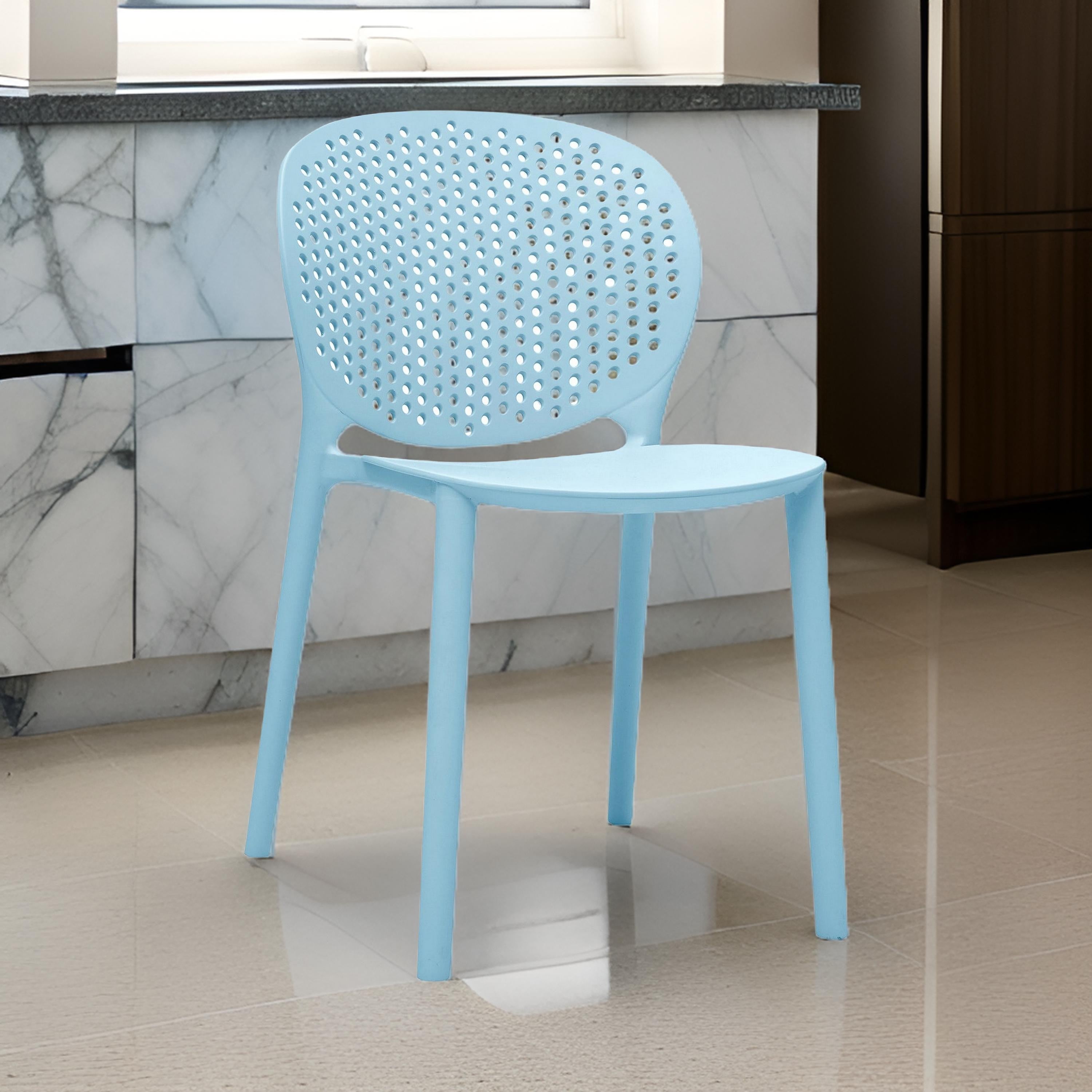 Benjara Gyna 14 Inch Kids Side Chair, Dotted Backrest, Armless, Set of 4, Blue