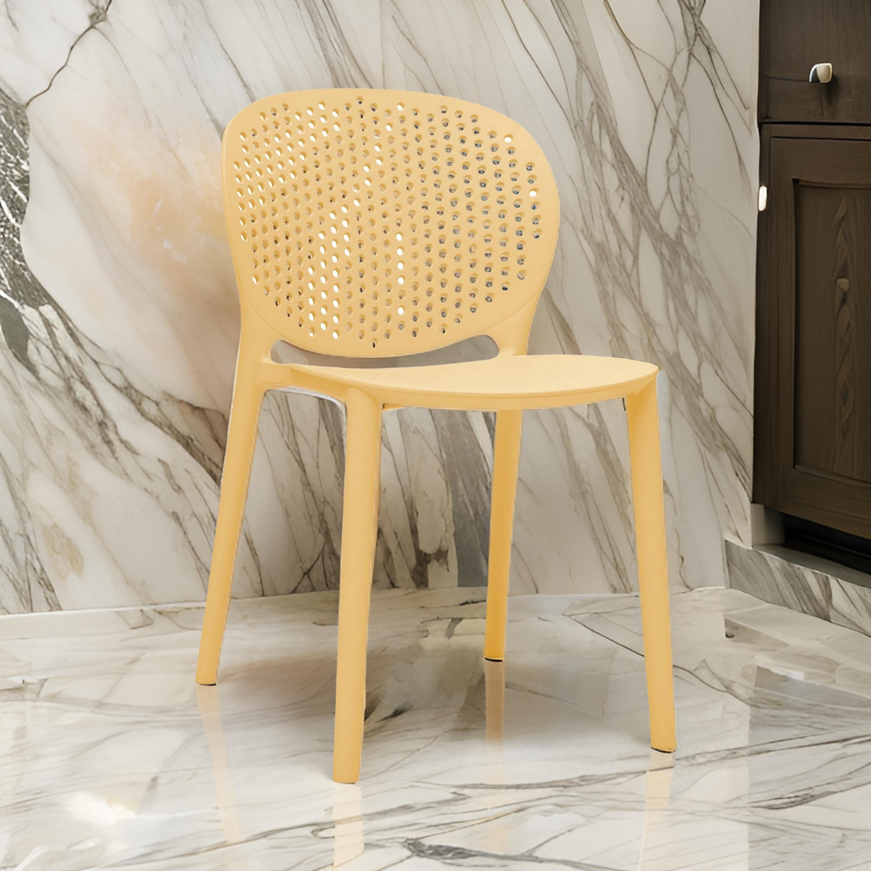 Benjara Gyna 14 Inch Kids Side Chair, Round Dotted Backrest, Set of 4, Armless, Yellow