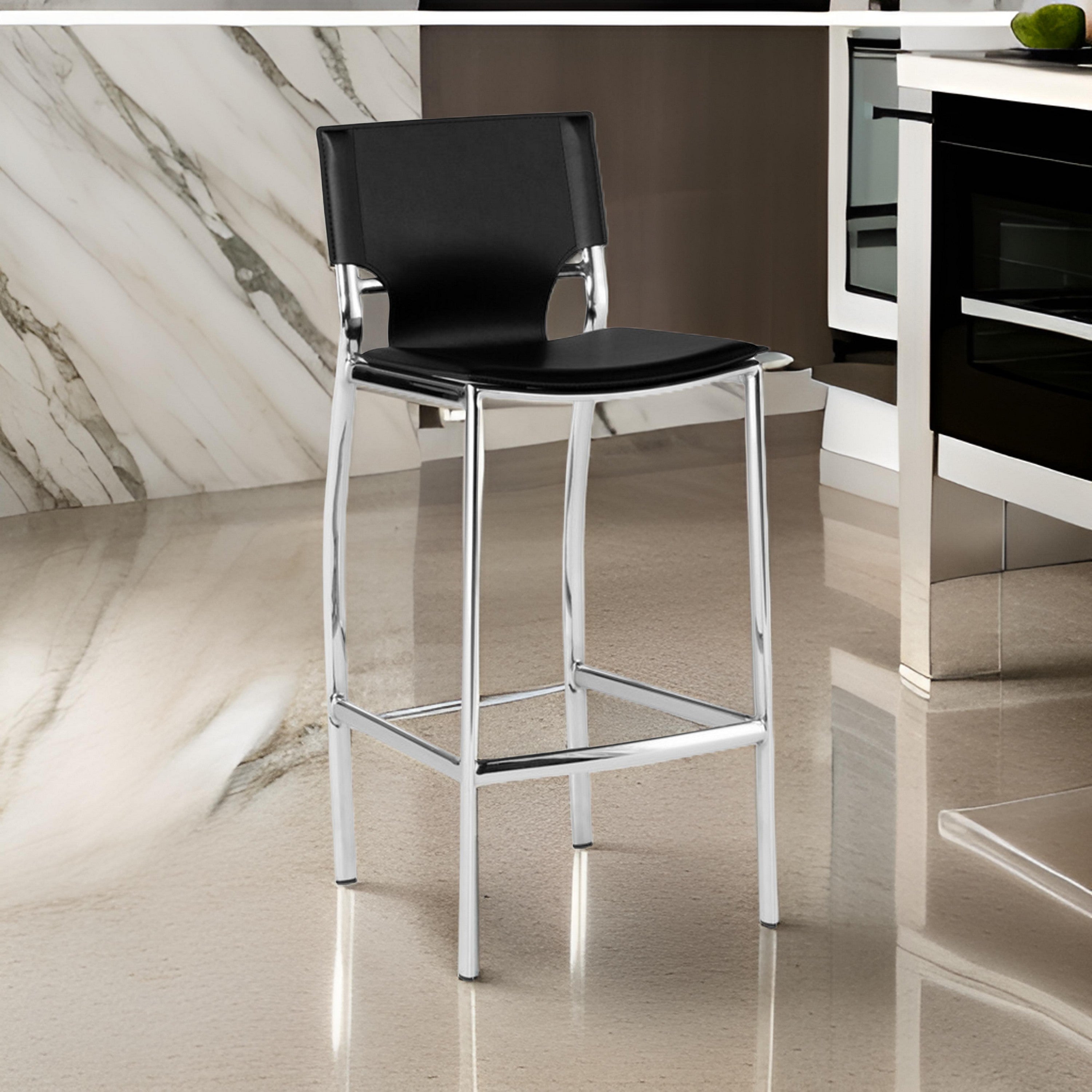Benjara Jan 25 Inch Counter Height Chairs, Set of 2, Gray Faux Leather, Chrome Metal Legs