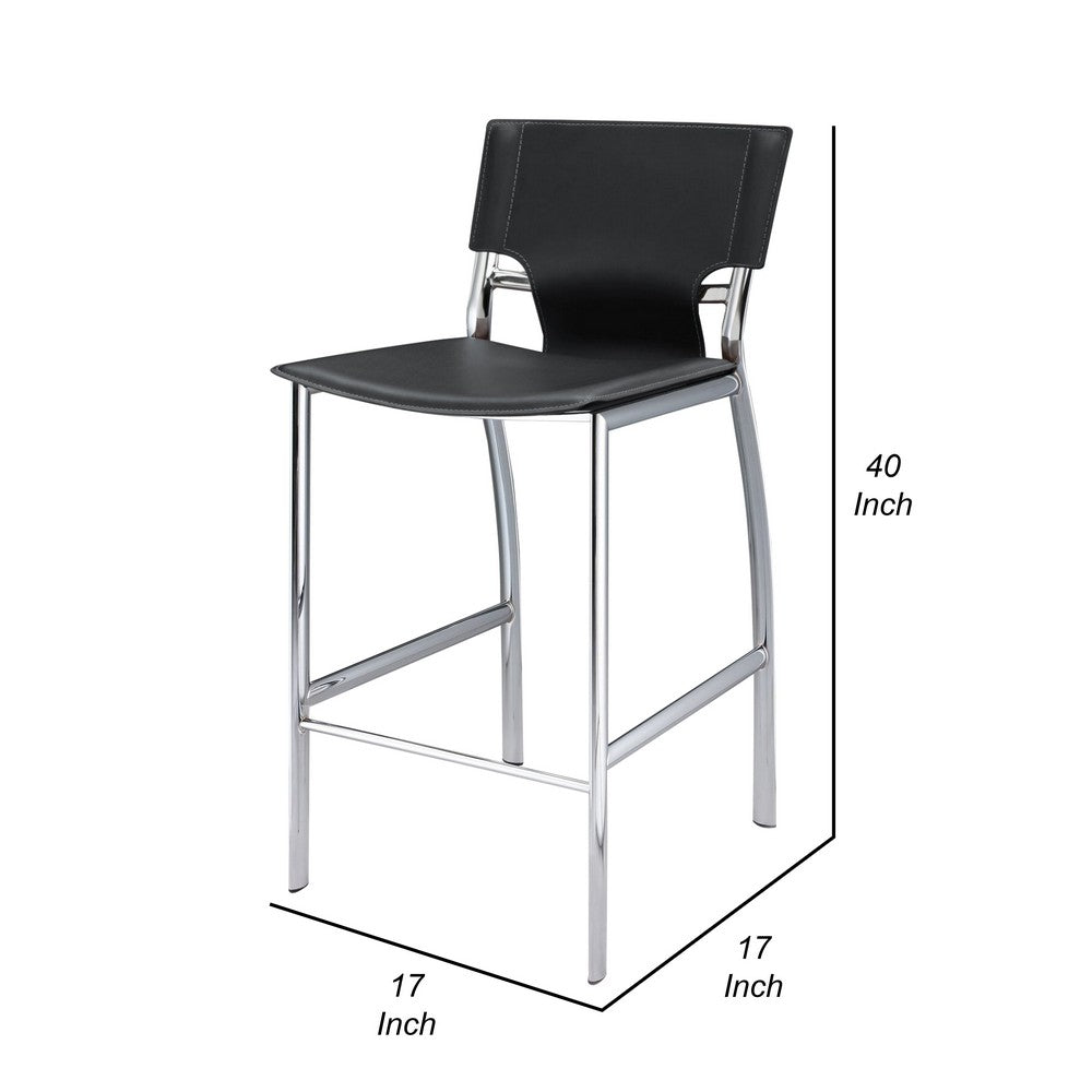 Benjara Jan 29 Inch Barstool Chair, Cushioned, Set of 2, Gray Faux Leather, Chrome Metal
