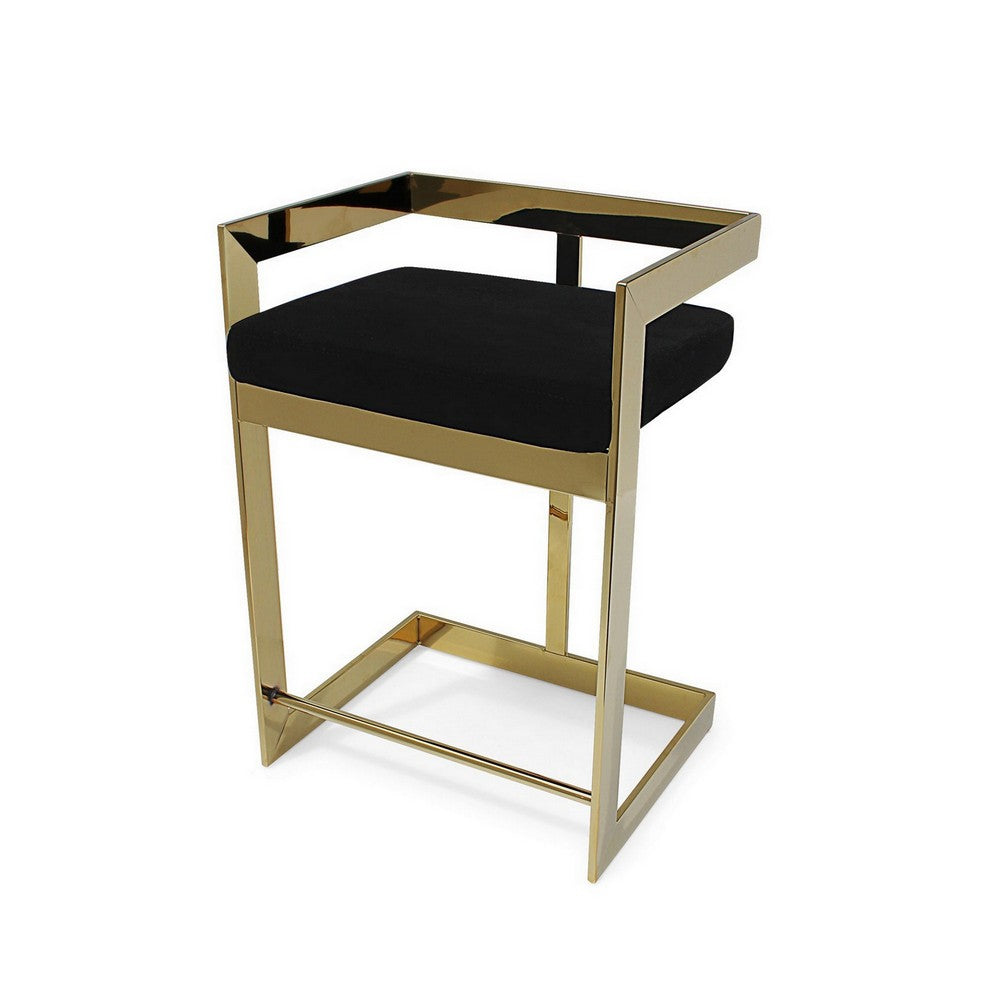 Benjara Gei 30 Inch Barstool Chair, Cantilever Base, Black Velvet Padded Seat, Gold