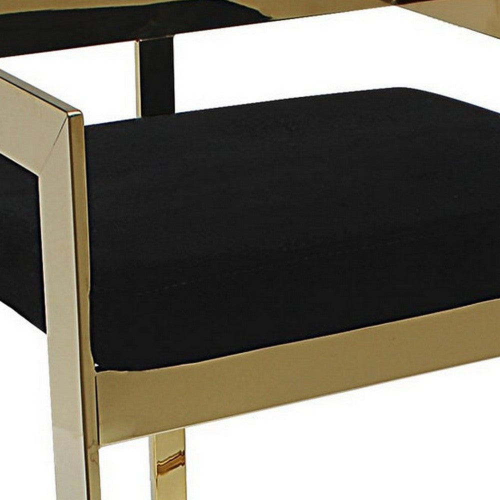 Benjara Gei 30 Inch Barstool Chair, Cantilever Base, Black Velvet Padded Seat, Gold